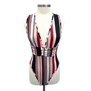 Womens M One Piece Swimsuit Striped Plunge V Neck Cross Back Bodysuit NWOT